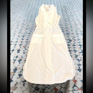 Vintage Style White Dress Slits On Front & Side Collar W/Pocket Perfect Cover Up